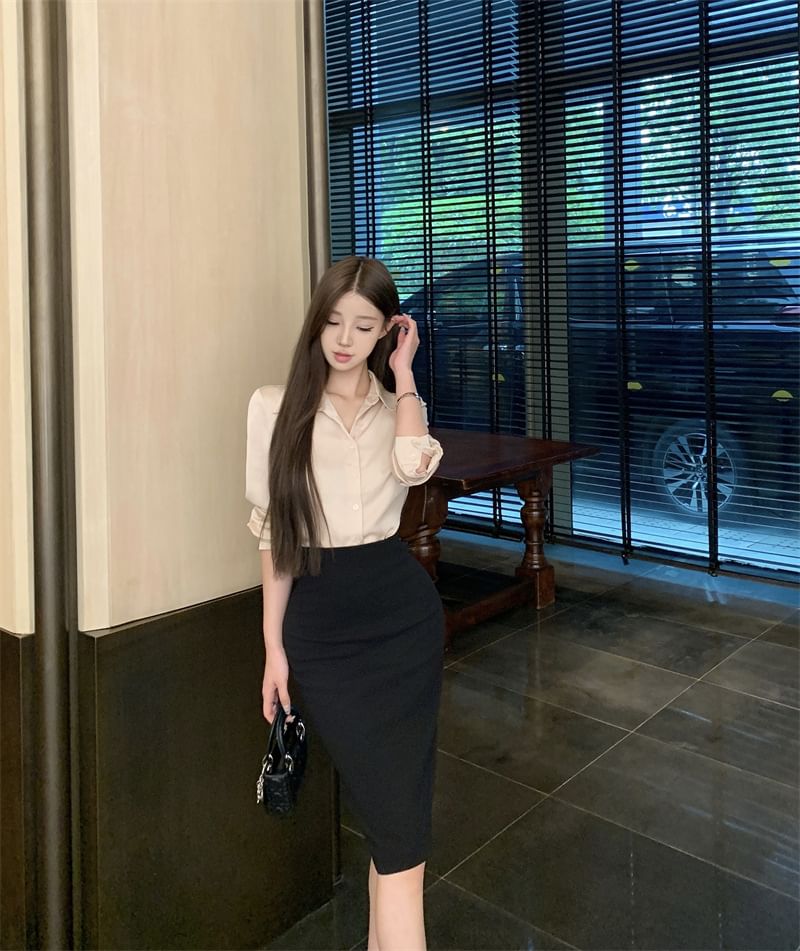 Collared Long Sleeve Shirt & Midi Pencil Skirt Set