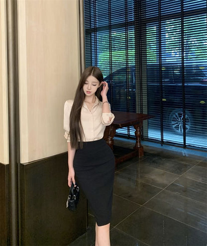 Collared Long Sleeve Shirt & Midi Pencil Skirt Set