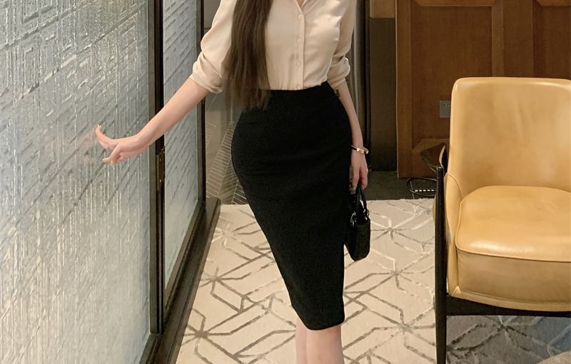 Collared Long Sleeve Shirt & Midi Pencil Skirt Set