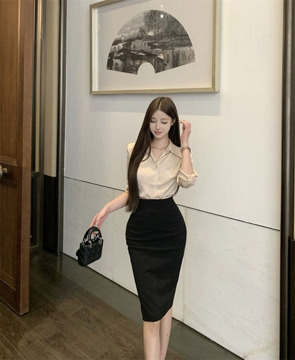 Collared Long Sleeve Shirt & Midi Pencil Skirt Set