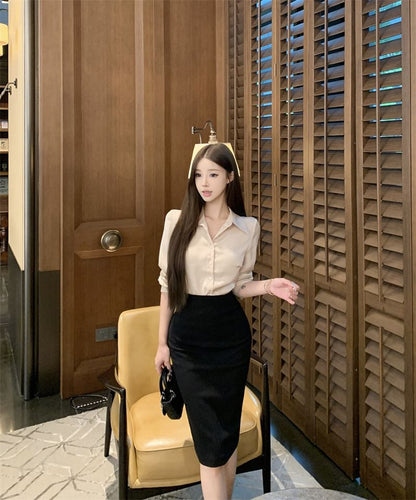 Collared Long Sleeve Shirt & Midi Pencil Skirt Set