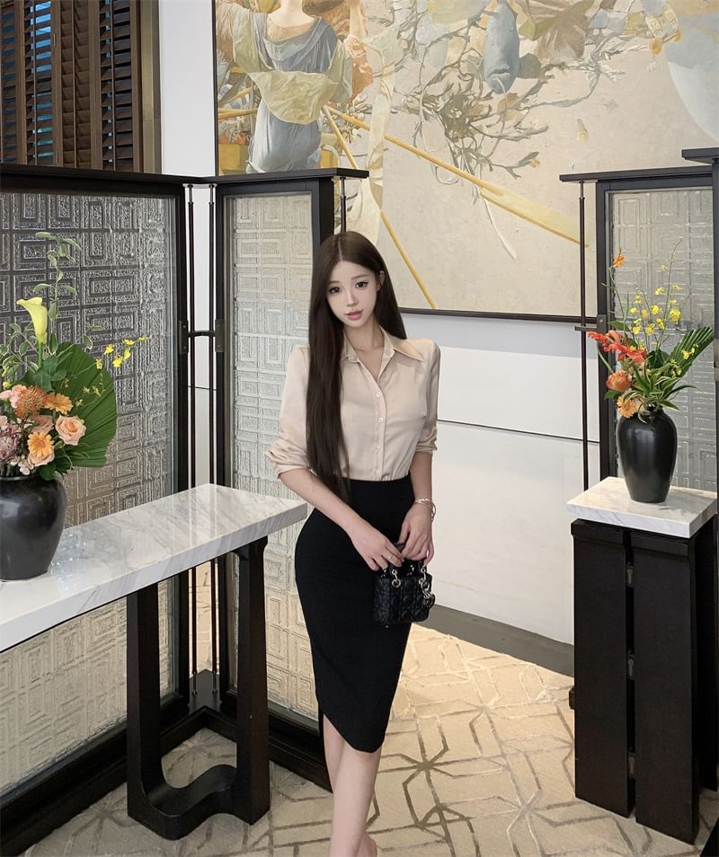 Collared Long Sleeve Shirt & Midi Pencil Skirt Set