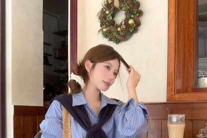 Striped Collared Long Sleeve Shirt & Maxi Pencil Skirt Set