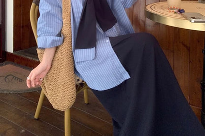 Striped Collared Long Sleeve Shirt & Maxi Pencil Skirt Set