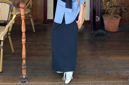 Striped Collared Long Sleeve Shirt & Maxi Pencil Skirt Set