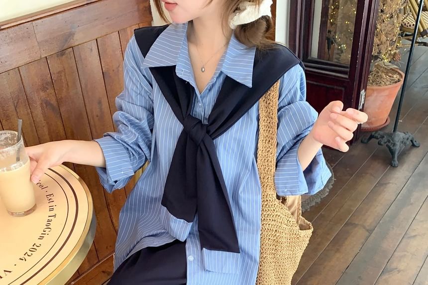 Striped Collared Long Sleeve Shirt & Maxi Pencil Skirt Set