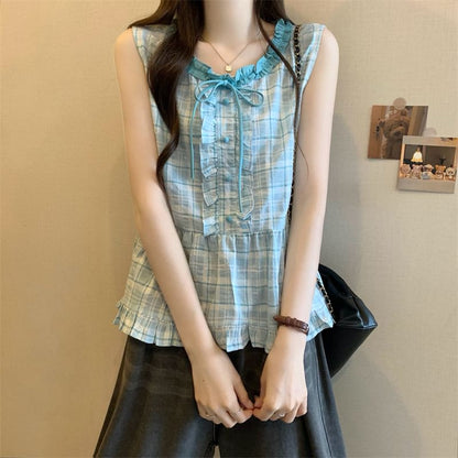 Plaid Sleeveless Crew-Neck Blouse with Ruffle Trim