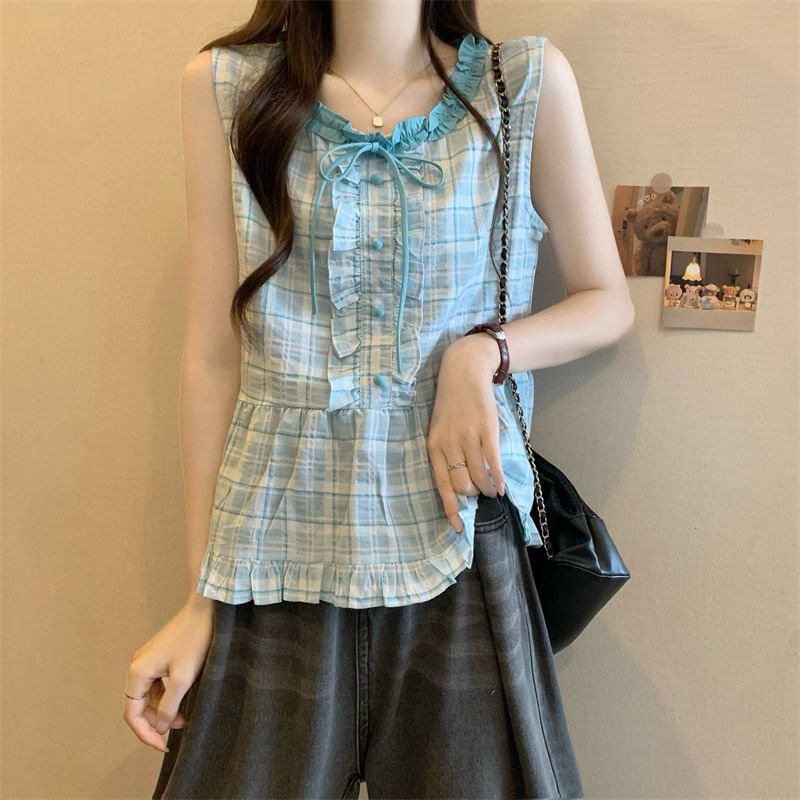 Plaid Sleeveless Crew-Neck Blouse with Ruffle Trim