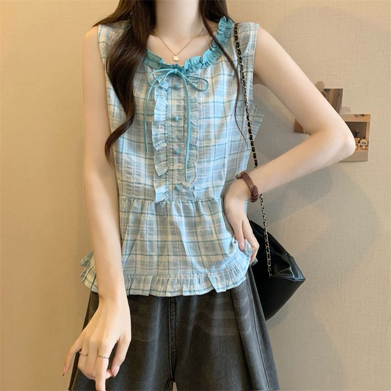 Plaid Sleeveless Crew-Neck Blouse with Ruffle Trim