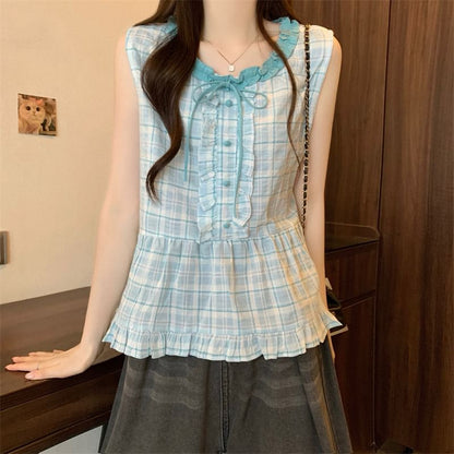Plaid Sleeveless Crew-Neck Blouse with Ruffle Trim