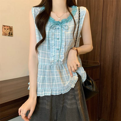 Plaid Sleeveless Crew-Neck Blouse with Ruffle Trim