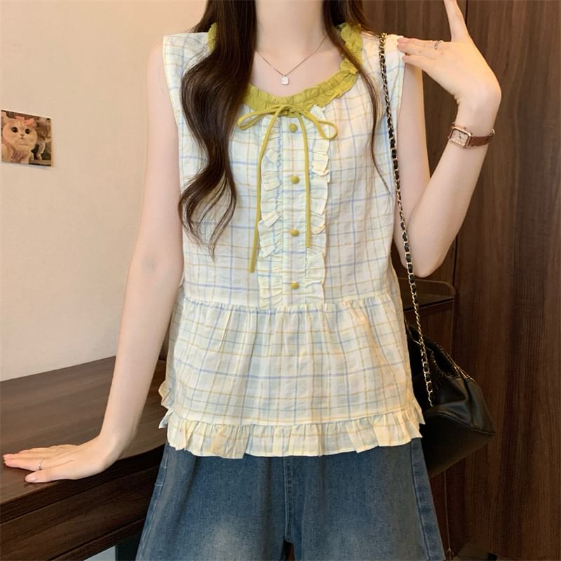 Plaid Sleeveless Crew-Neck Blouse with Ruffle Trim