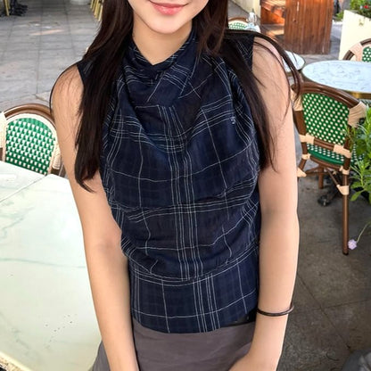Plaid Sleeveless Cowl-Neck Top