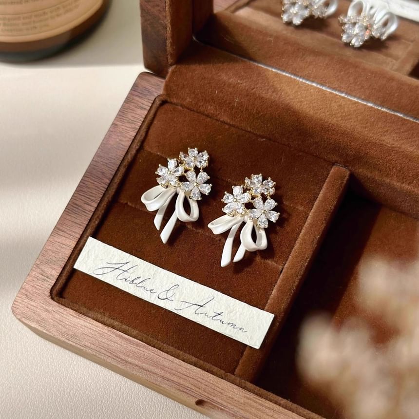 Bow Earring Flower Rhinestone Drop