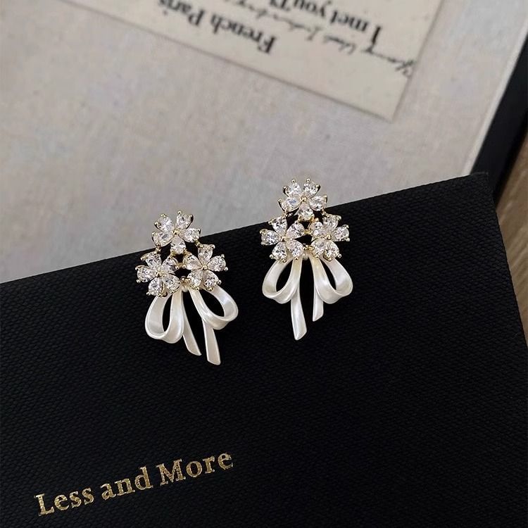 Bow Earring Flower Rhinestone Drop