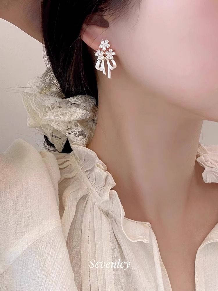 Bow Earring Flower Rhinestone Drop