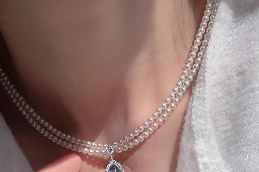 Pearl Pendant Layered Faux Necklace Gemstone