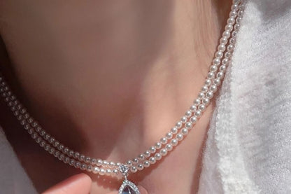 Pearl Pendant Layered Faux Necklace Gemstone