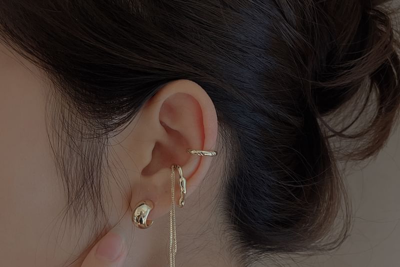 Set: Earring Chain + Silver Plain Sterling Ear Hoop Cuff 925