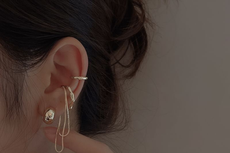 Set: Earring Chain + Silver Plain Sterling Ear Hoop Cuff 925