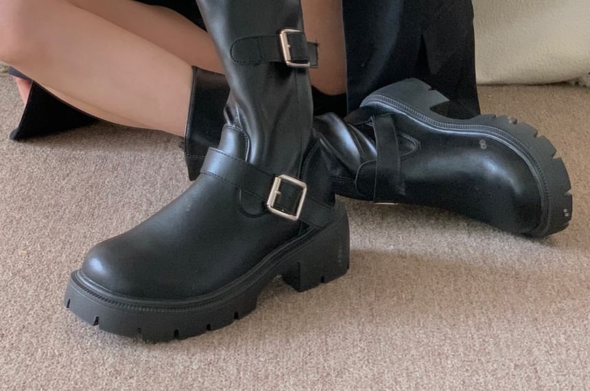 Buckled Platform Chunky Heel Mid-Calf Boots