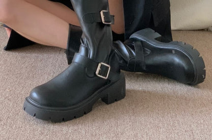 Buckled Platform Chunky Heel Mid-Calf Boots