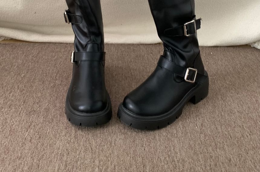 Buckled Platform Chunky Heel Mid-Calf Boots