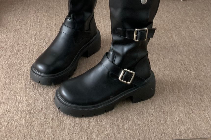 Buckled Platform Chunky Heel Mid-Calf Boots