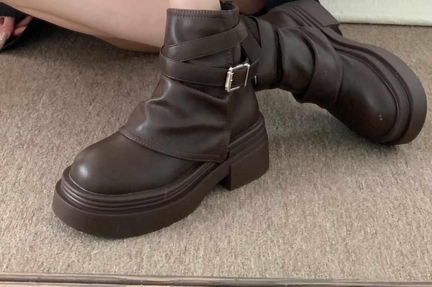 Strappy Buckled Platform Chunky Heel Short Boots