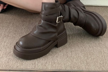 Strappy Buckled Platform Chunky Heel Short Boots