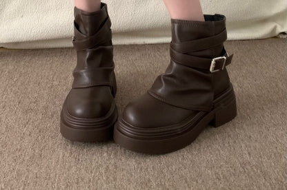 Strappy Buckled Platform Chunky Heel Short Boots