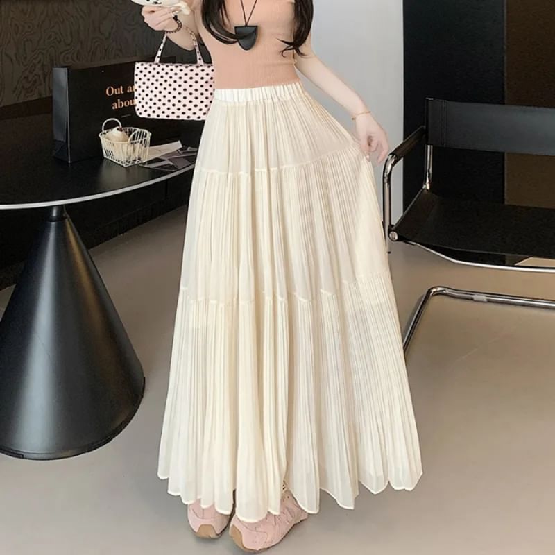Elastic Waist Plain Tiered Midi A-Line Skirt