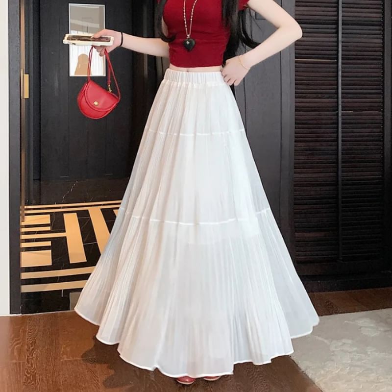 Elastic Waist Plain Tiered Midi A-Line Skirt