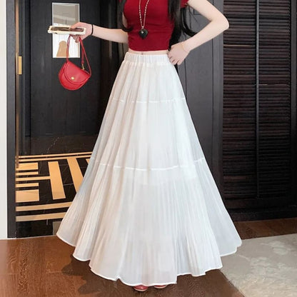 Elastic Waist Plain Tiered Midi A-Line Skirt
