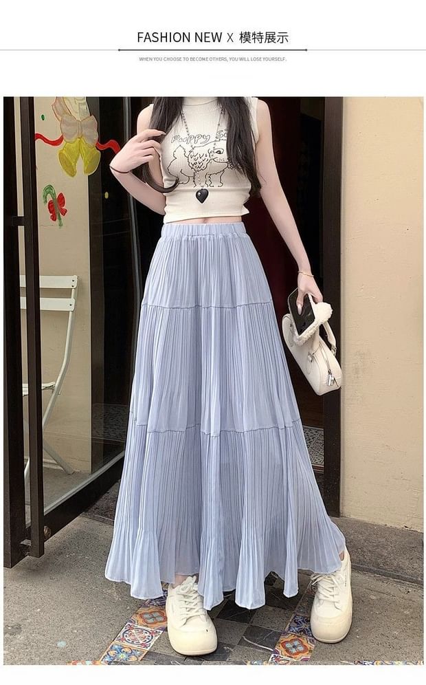Elastic Waist Plain Tiered Midi A-Line Skirt
