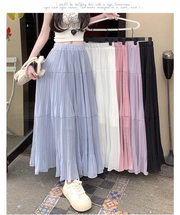 Elastic Waist Plain Tiered Midi A-Line Skirt
