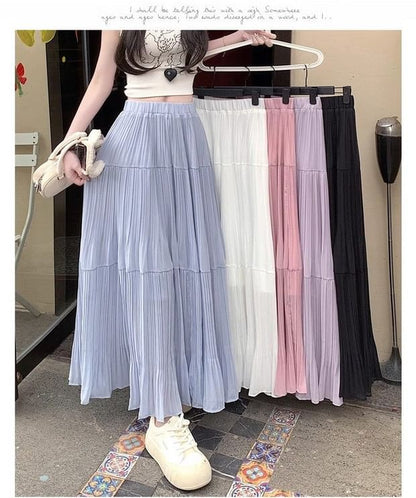Elastic Waist Plain Tiered Midi A-Line Skirt