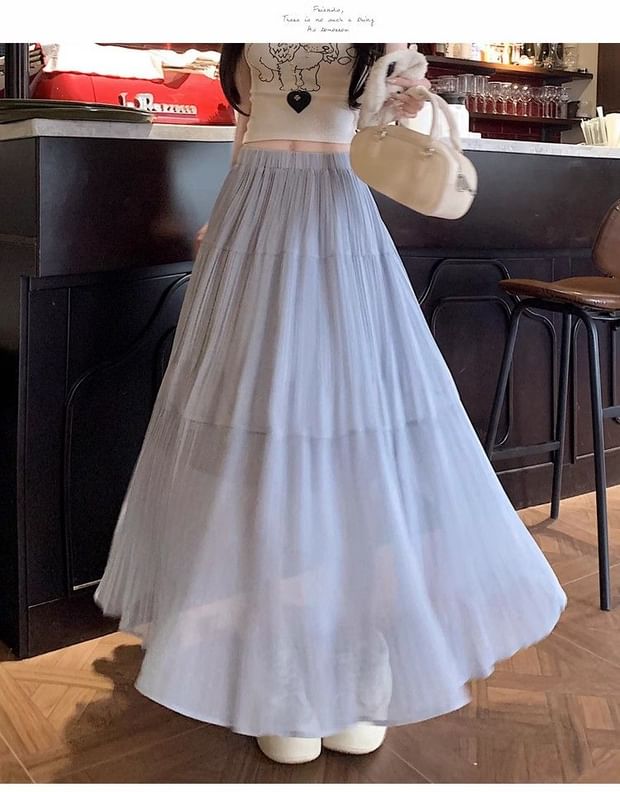 Elastic Waist Plain Tiered Midi A-Line Skirt