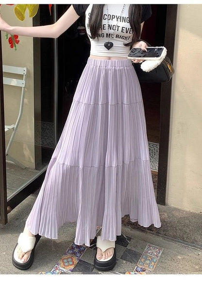 Elastic Waist Plain Tiered Midi A-Line Skirt