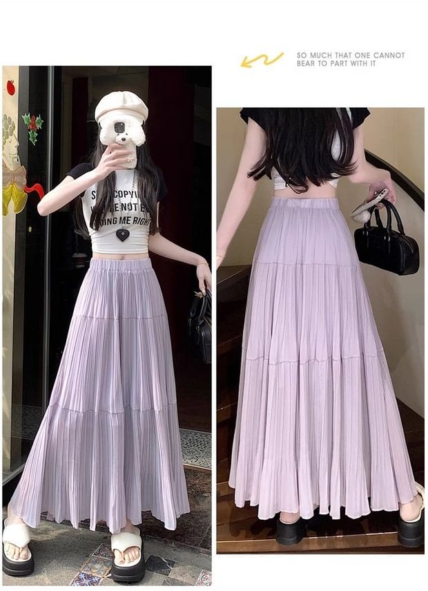 Elastic Waist Plain Tiered Midi A-Line Skirt