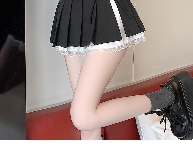 High Rise Pleated Lace Trim Mini A-Line Skirt
