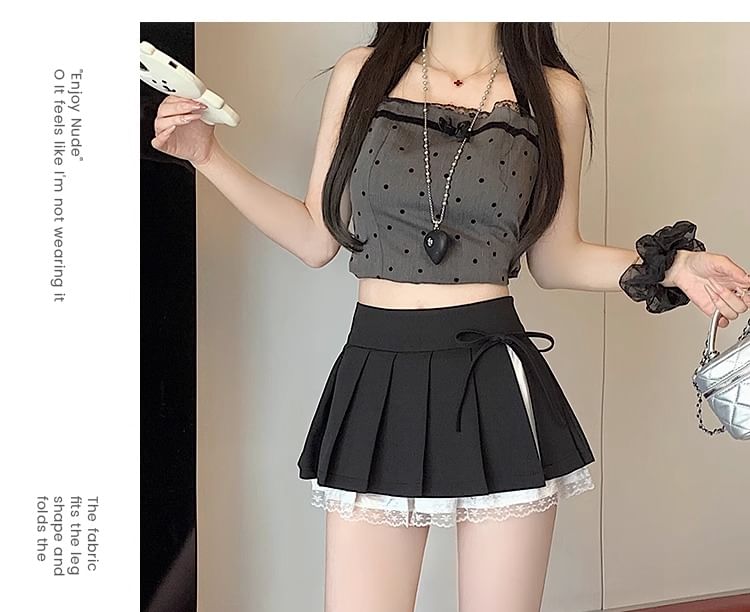 High Rise Pleated Lace Trim Mini A-Line Skirt