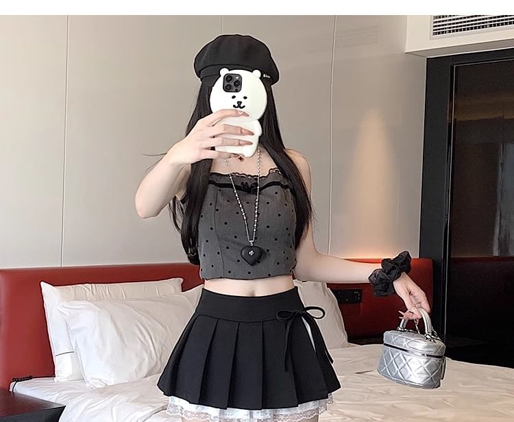 High Rise Pleated Lace Trim Mini A-Line Skirt
