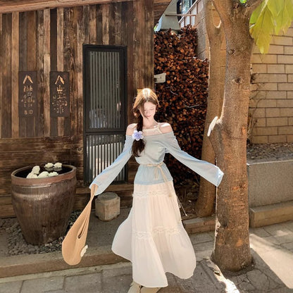 Cold Shoulder Lace Tee & High-Waist Maxi Skirt Set