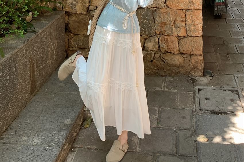 Cold Shoulder Lace Tee & High-Waist Maxi Skirt Set