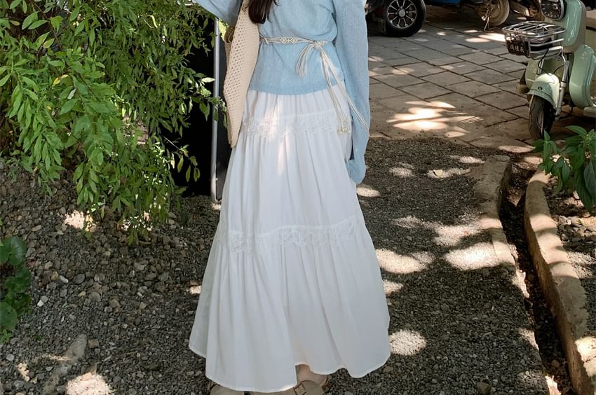 Cold Shoulder Lace Tee & High-Waist Maxi Skirt Set