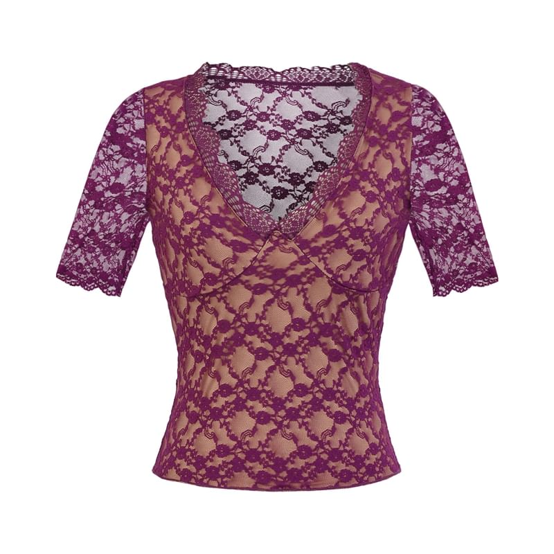 Elbow Sleeve V-Neck Lace Overlay Top