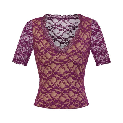 Elbow Sleeve V-Neck Lace Overlay Top