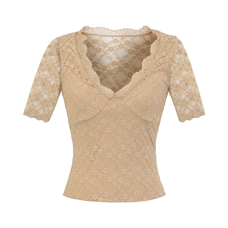 Elbow Sleeve V-Neck Lace Overlay Top