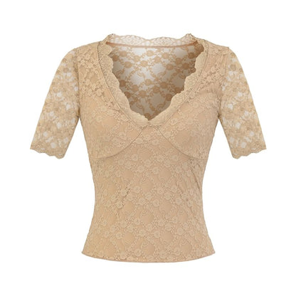 Elbow Sleeve V-Neck Lace Overlay Top